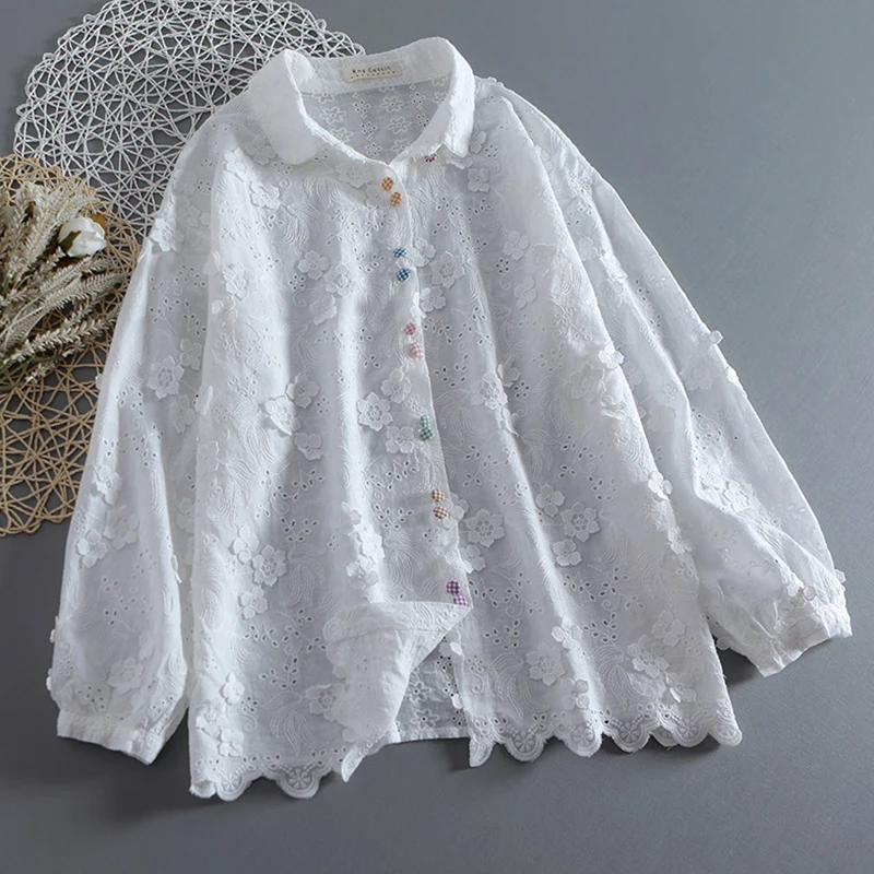 Three-dimensional Flower Lapel Embroidered White Shirt Women Clothing Checkered Button Long-sleeved Cotton Shirt Blouse U107