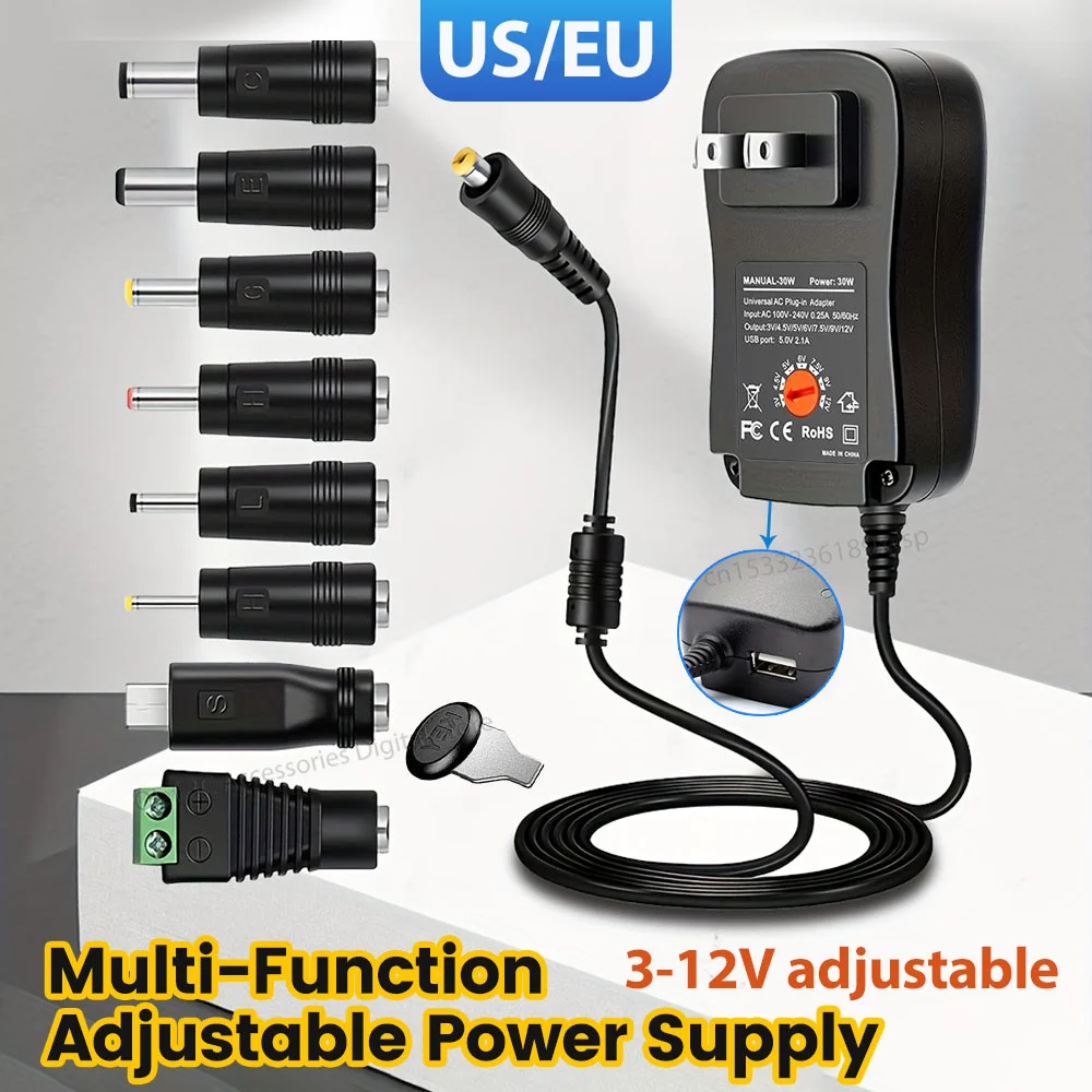 US/EU Plug 3V 4.5V 5V 6V 7.5V 9V 12V AC/DC Adapter Adjustable Voltage Power Adapters 30W Universal Charger Switch Power Supply