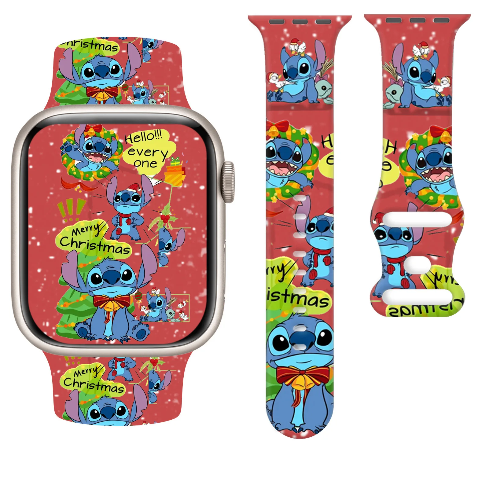 

Disney Christmas Night Celebration Stitch Print Strap for Apple Watch 11/10/9/SE, Soft Replacement Silicone Band 45mm/44mm/42mm