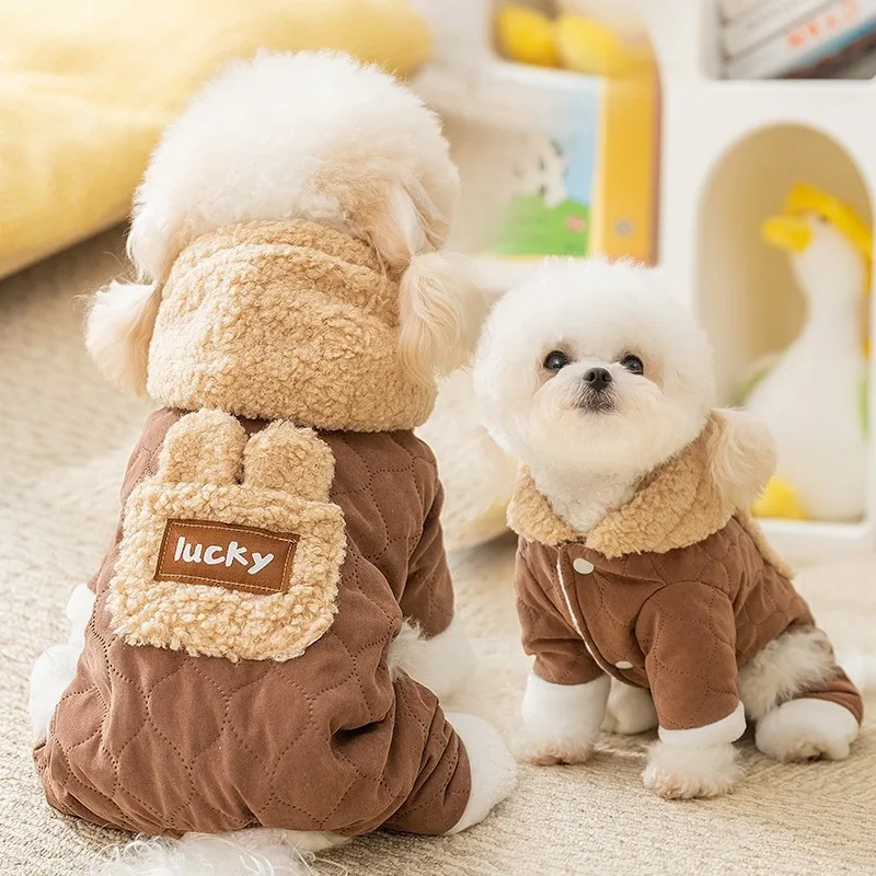 Verdikte warme hond winter vier benen kleding puppy bruine jas yorkshire schattige bodysuit riembare huisdierkleding