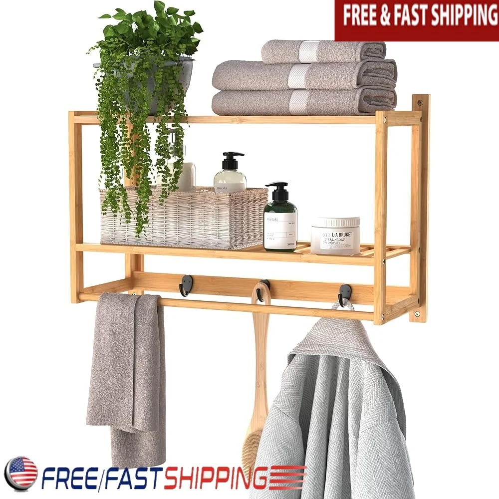 

Бамбуковая настенная полка с вешалкой для полотенец и 3 крючками, 2-уровневый органайзер для хранения, ванная комната, кухонный шкаф, прочное настенное крепление