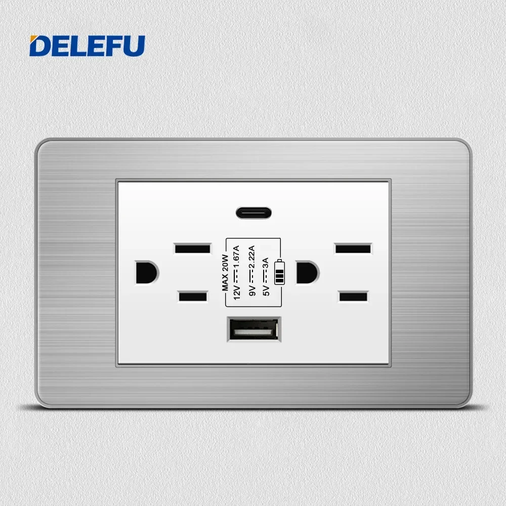 DELEFU White Stainless Steel panel Mexico Standard Type C America Outlet Plug 118*72mm Wall Socket Light Switch Fast Charge