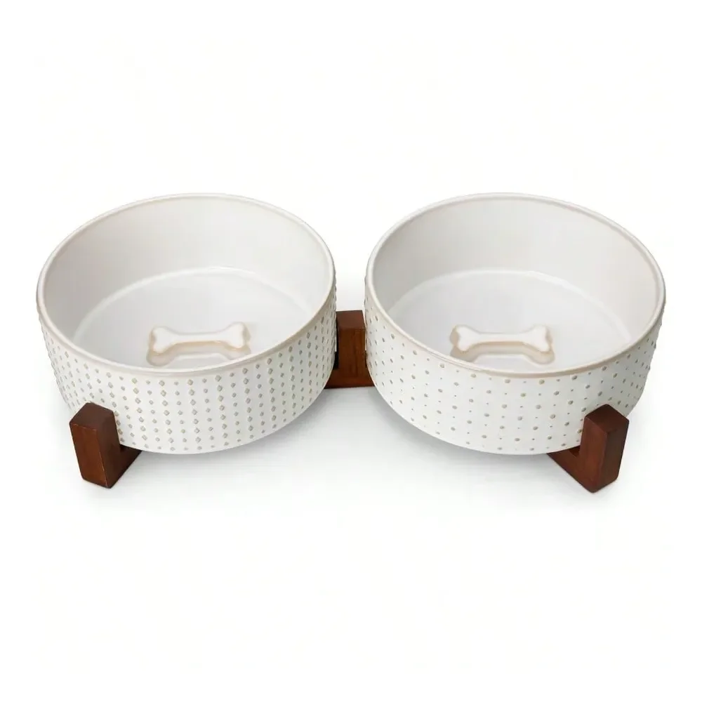 

Dog Supplies Dogs Accessories Bowl Set With Walnut Wood Stand 6 Cups Ceramic Pet Bowls For Puppy Dogs Dual Food And Water Bowls