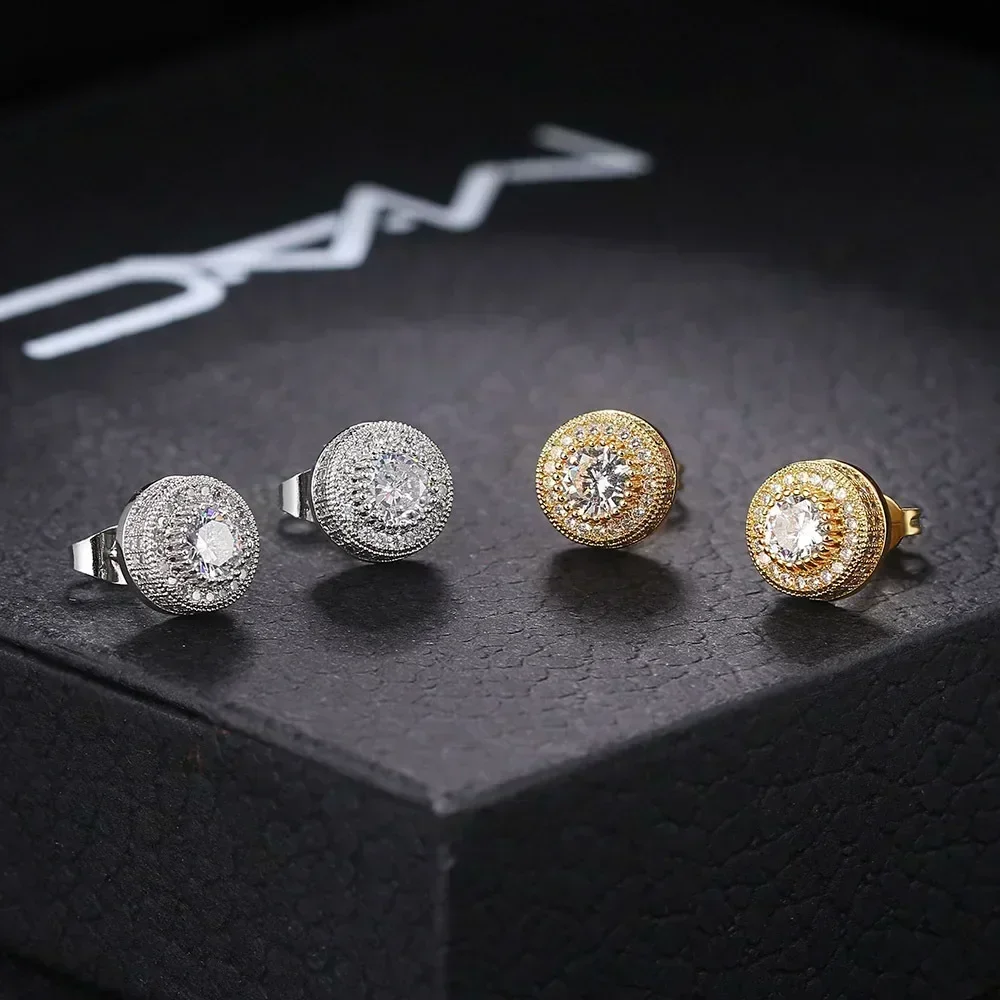 1 Pair Hiphop Stud Earrings for Men Classic Gold Color Jewelry Crystal Iced Out Piercing Cartilage Hippie Ear Accessories Gift