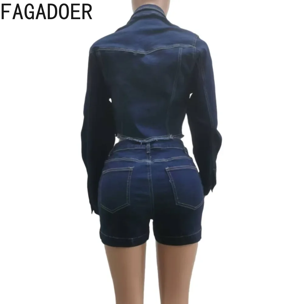 FAGADOER Retro Y2K Autumn Winter Denim 2 Piece Sets Outfit Women Long Sleeve Crop Jacket and Stretchy High Waist Shorts Suits