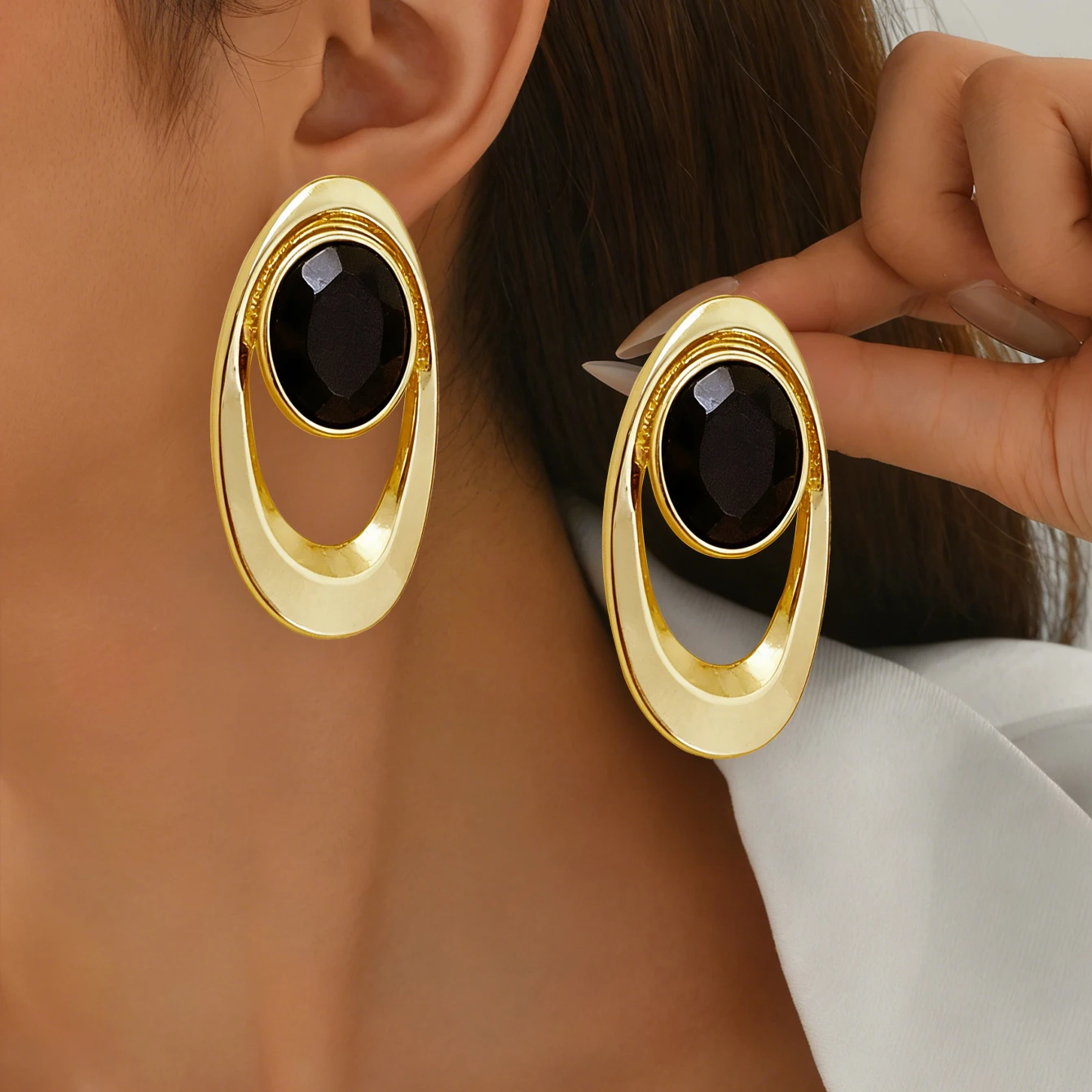 1 Pair of Hollow Geometric Oval Earrings, Vintage Bohemian Style Oval Imitation Gemstone Design Earrings