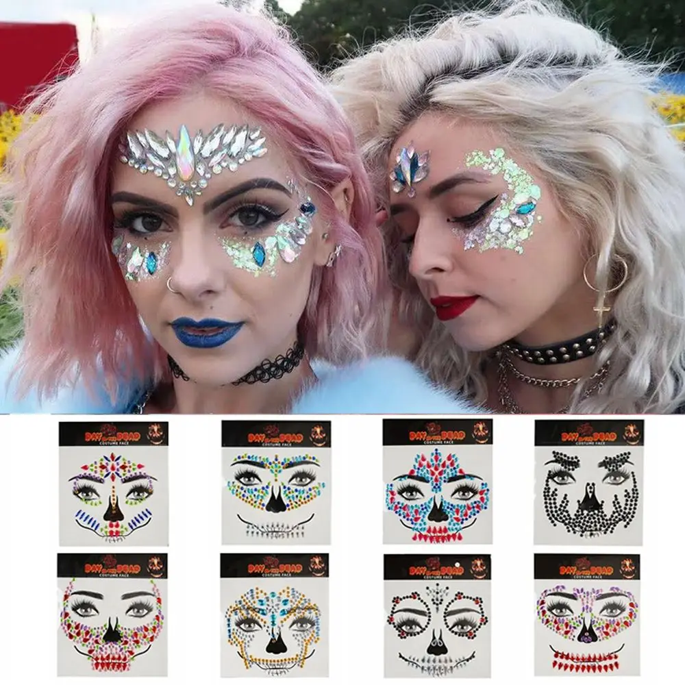 

Funny Rhinestone Face Sticker Colorful Crystal DIY Halloween Fake Tattoo Cosplay Props Clown Makeup Skull Face Sticker Festive