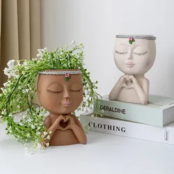 Face Head Planter Succulent Plant Flower Pot Resin Container With Drain Holes Flowerpot Figure Garden Decor Tabletop Ornament