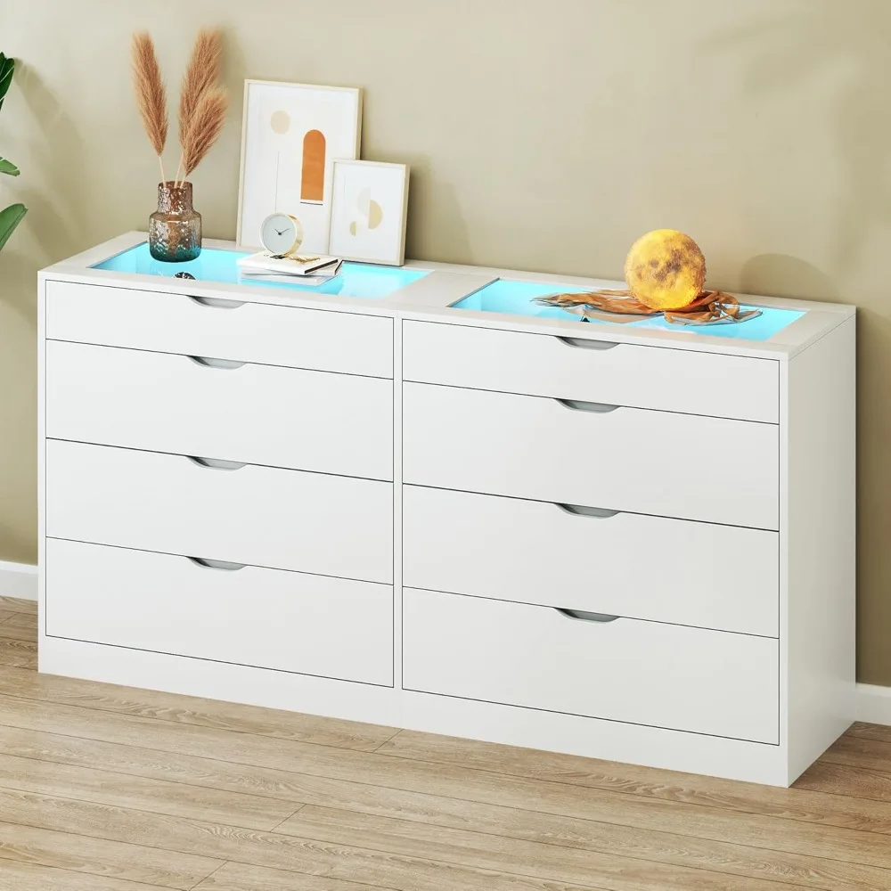 8 Drawer Dresser for Bedroom, White Dresser for Bedroom with LED, 55.1''W Chest of Drawers with Glass Top