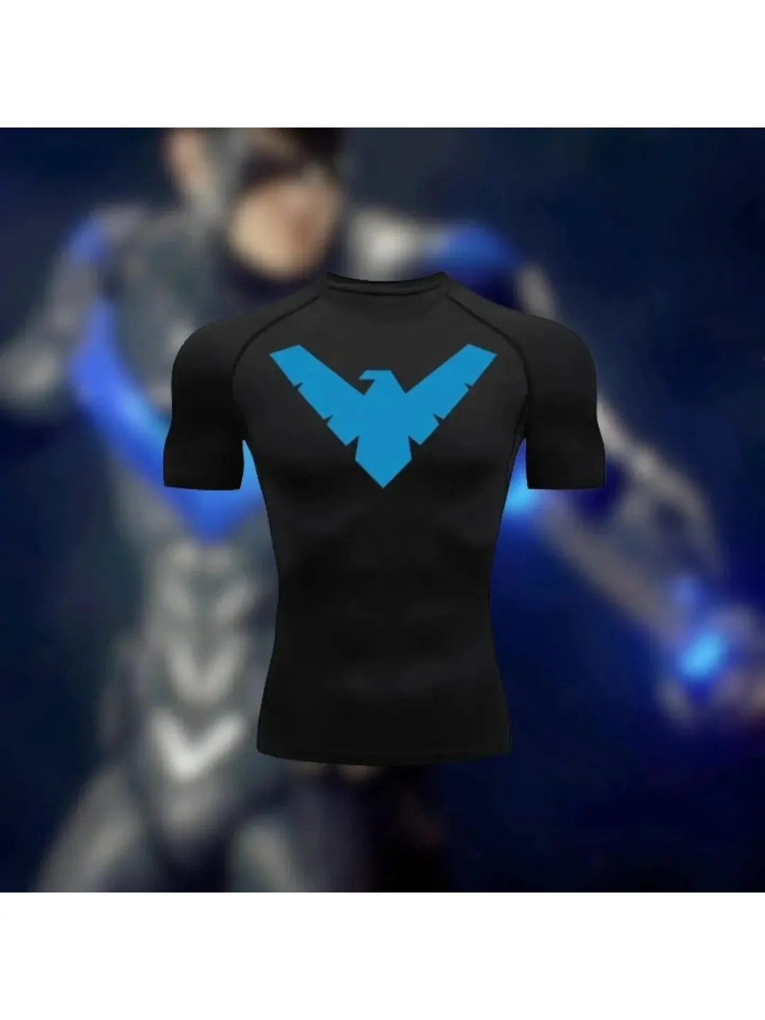Męska koszulka kompresyjna Nightwing z krótkim rękawem, szybkoschnąca, idealna do ćwiczeń na siłowni, do biegania, do aktywności sportowych, jako warstwa bazowa, inspirowana motywem superbohatera. — 2