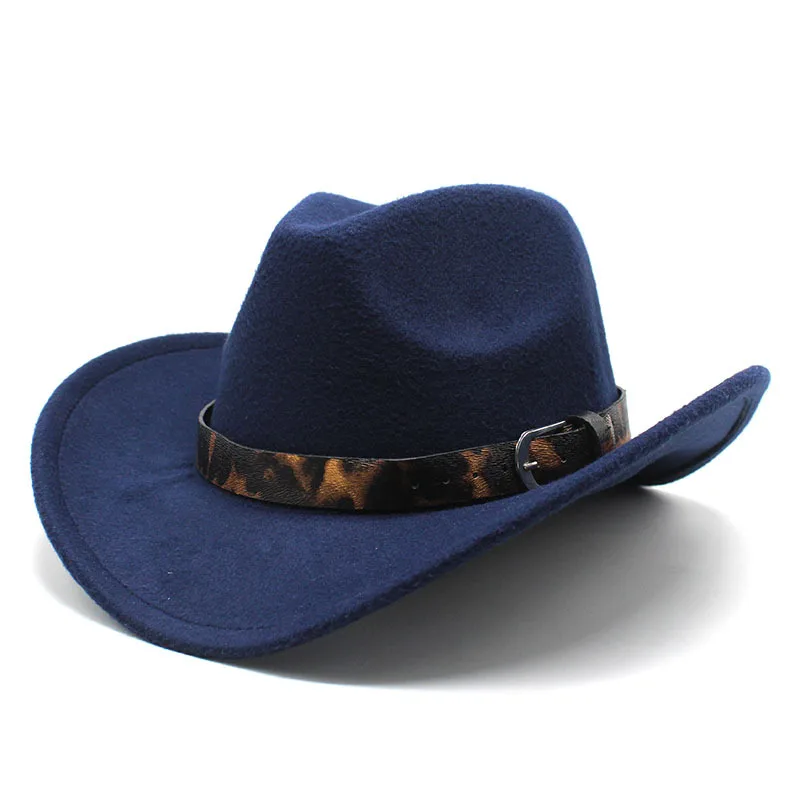 Hot Selling  Leopard Print Belt Cowboy Hat Autumn And Winter Woolen Bowler Hat Men And Women Wide Brim Curling Jazz Felt Cap