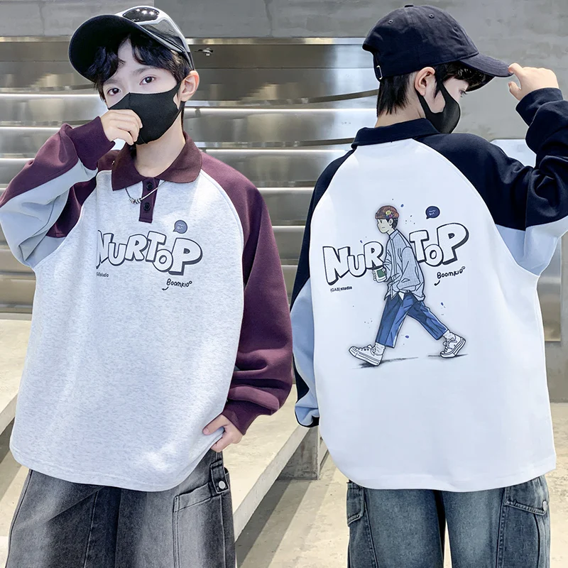 

New Autumn Child Turn Down Collar Cotton Sweatshirt With Cartoon Print For Big Boys Fashion Casual Cotton Polo Hoodie Kids Wear