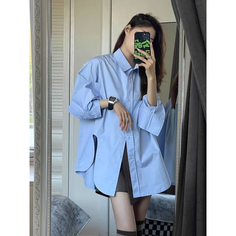 QWEEK Korean Style Office White Shirt Oversized Elegant and Youthful Streetwear Solid Colour Blouses Stylish Long Sleeve Clothes