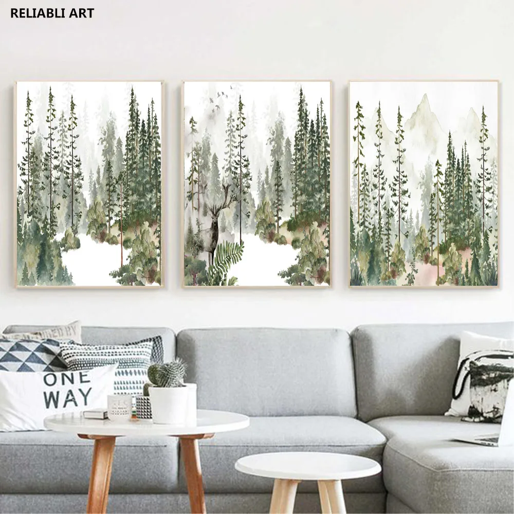 Green Forest Mountain  Landscape Poster Prints Canvas Painting Minimalist Modern Art Wall Woodland Nursery Room Decor Cuadros