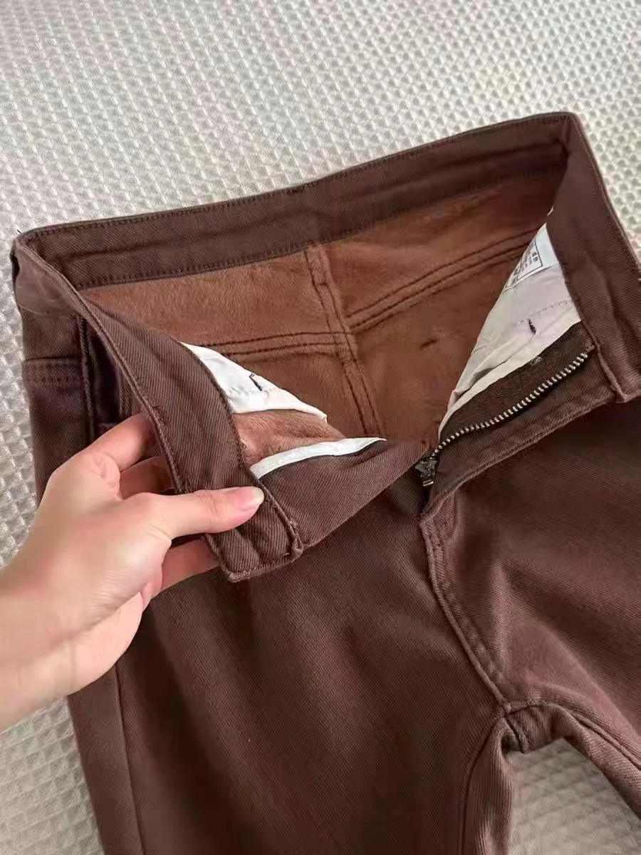 

Джинсы женские прямого кроя с микро-клешем, на флисовой подкладке, цвет кофе, большие размеры, с высокой талией, повседневные брюки для женщин