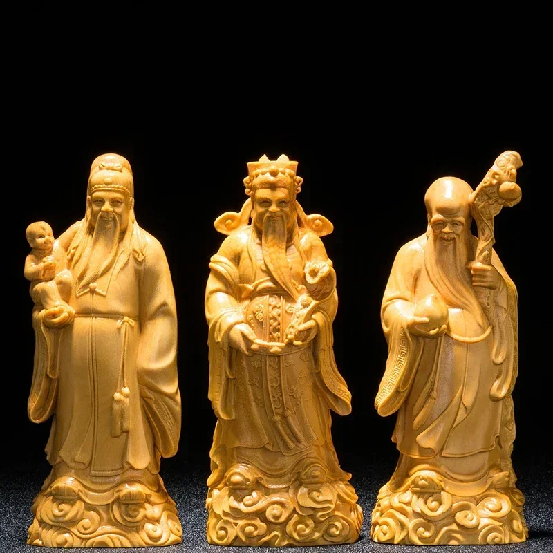 15cm Feng Shui Mascot BoxWood FU LU SHOU Three Gods Statue Crafts God Praying Crafts Home Decor