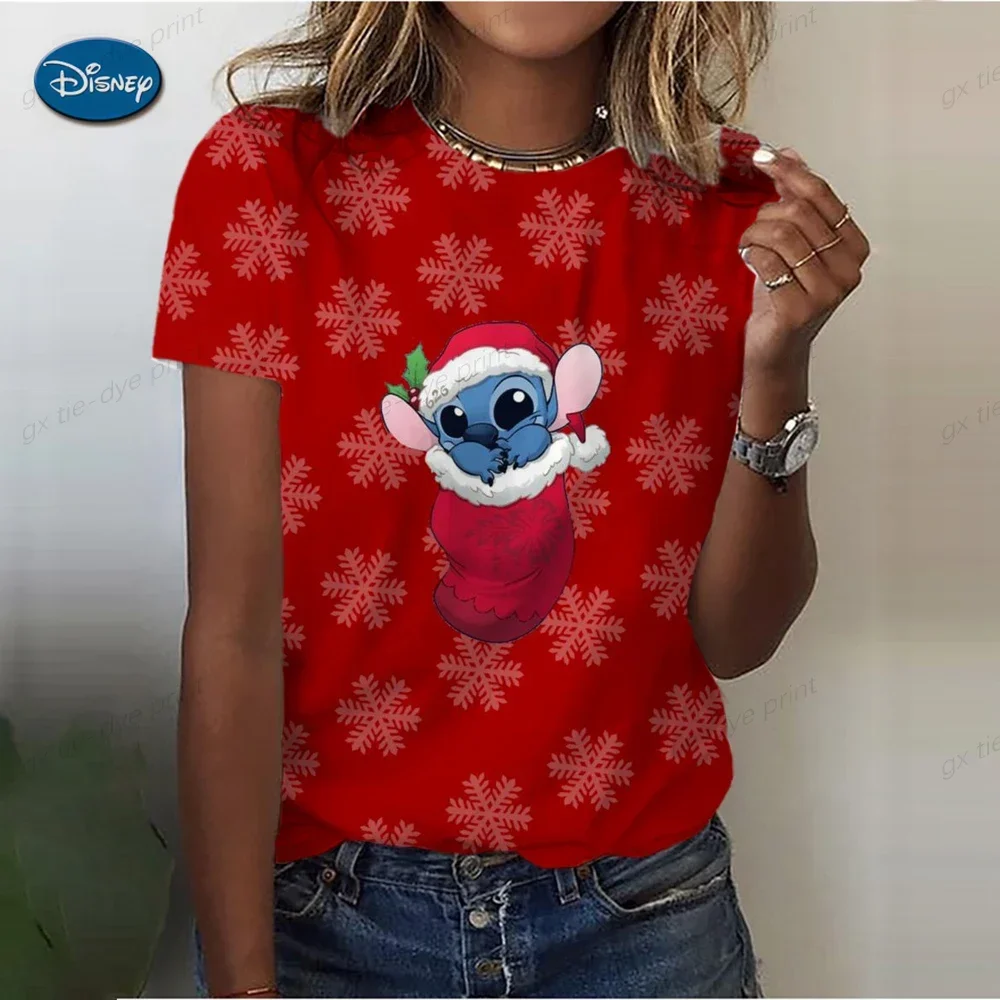 2024 girl Disney Stitch Pattern Women\'s T-shirt Stitch O-neck Design Y2k Fashion Trend Summer Short Sleeve Sexy Neckline  Top