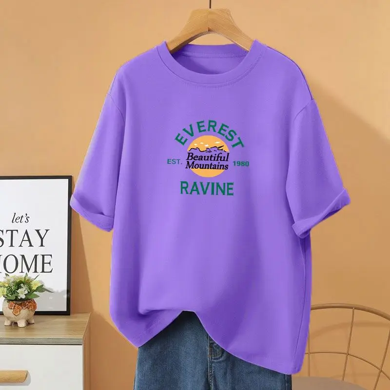 Women Clothing 100% Cotton Vintage O-neck T-shirt, Loose Casual Basic Short Sleeve Top Tee, Summer Cartoon Printed Pullovers