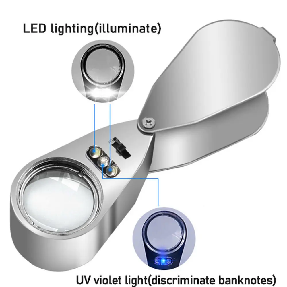 Optical 40X Handheld Foldable Magnifier With LED Light Pocket Jeweler Loupe For Money Detection Fine Detail Inspection