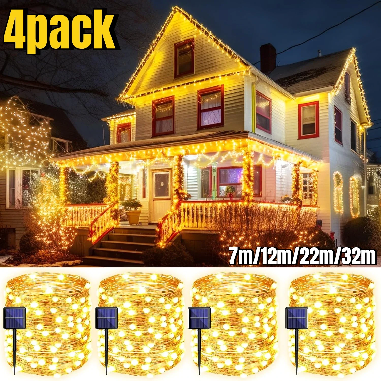 4 Pack Solar String Lights Outdoor Garden Fairy Lights for Tree LED Twinkle Waterproof Lamp Christmas Party Decor 7m/12m/22m/32m