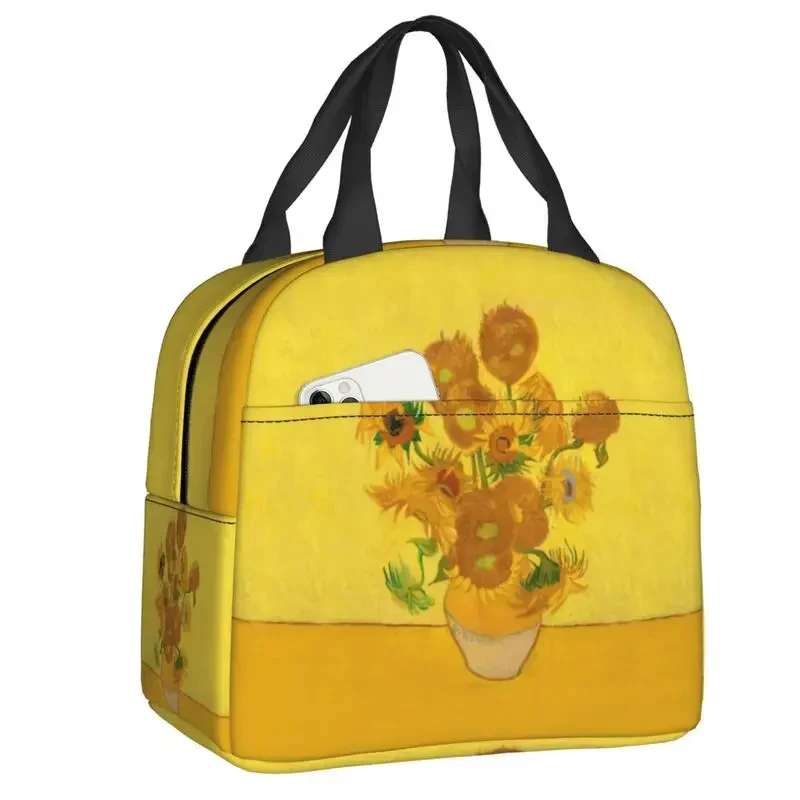 Vincent Van Gogh girasoles bolsas de almuerzo aisladas para mujeres sol flores refrigerador portátil caja térmica Bento niños escolares