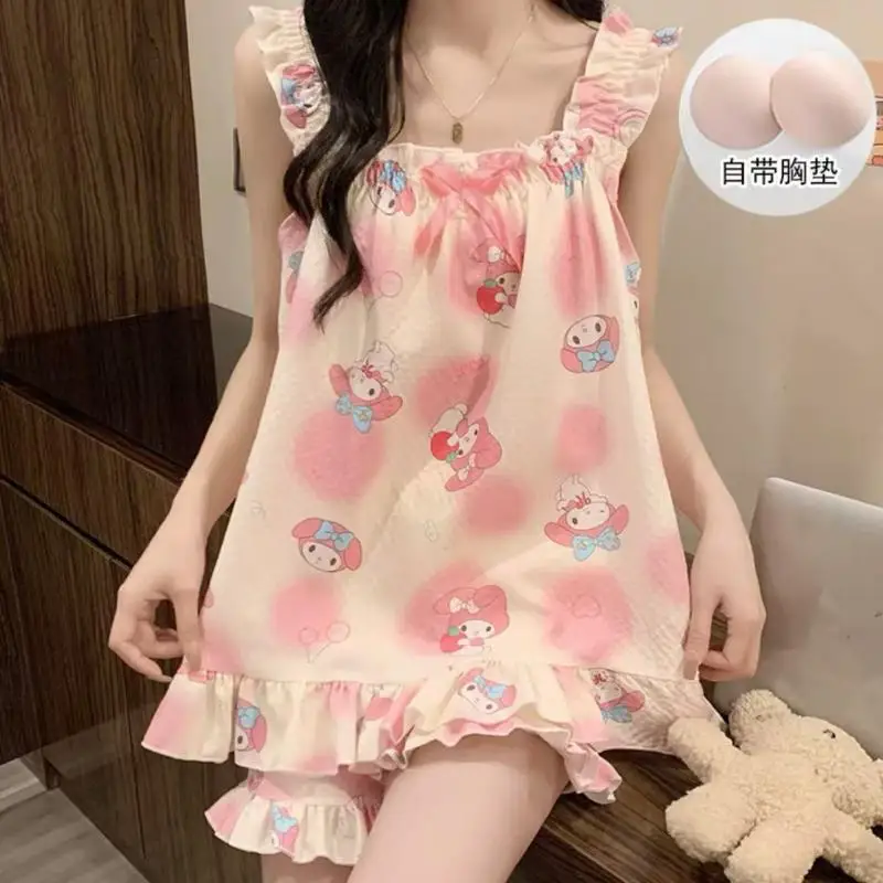 

Kawaii Hellokitty Vest Girls with Camisole Dress Kuromi Pajamas 2Pcs Cute Short Sleeved Shorts Sanrio Sweet Casual Home Suit Set