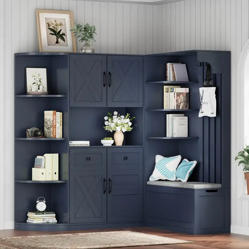 Многофункциональный шкаф для прихожей с местом для хранения вещей и 4 крючками, дерево для прихожей 2 в 1 для гостиной, кухни и прихожей, античный синий цвет
