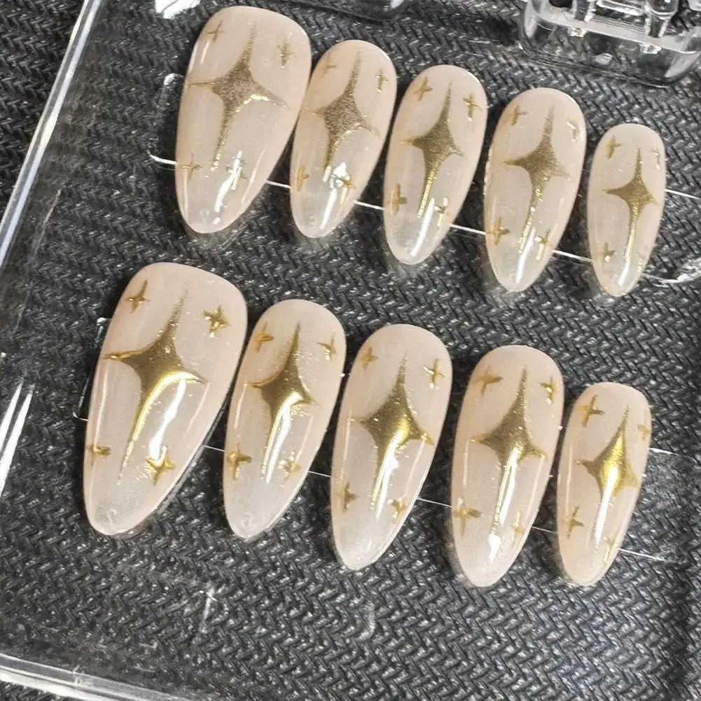 

French Fake Nails Kawaii Starlight Sparkle Cute Cool Cover Almond Nail Hand-made Full European Wearable Nails Press Shaped W3V9