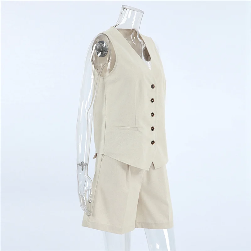 NEU-Sommer-Sets für Damen, zweiteilig, Urlaubs-Outfits, kurzes Set, Button-Down, Business, lässig, elegant, 2-teilige Kleidung, Khaki, S