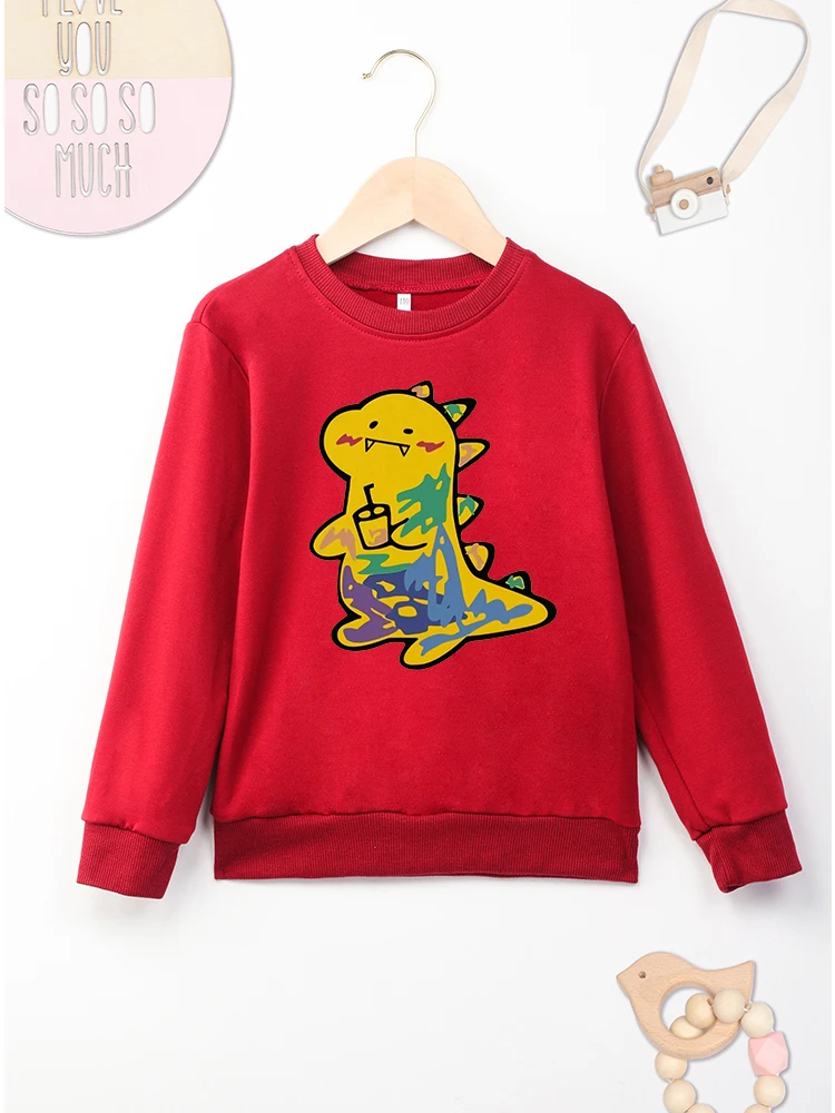 Cute Dinosaur Print Hoodless Baby Girl Boy Yellow Sweatshirts Comfy High Quality New Hot Sell Unisex Y2K Kawaii Sweater Clothes