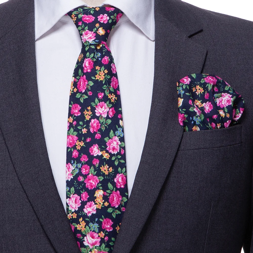 Corbata de algodón para hombre, pañuelo con estampado Floral de flores, conjunto de pañuelos para boda y fiesta, 7,5 CM