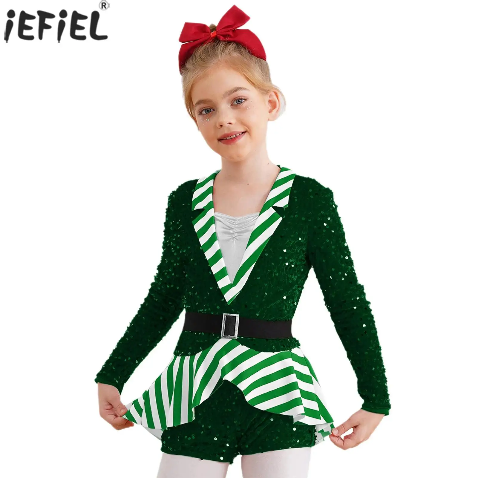 Kids Girls Christmas Candy Cane Costume Long Sleeve Sequin Stripe Ballet Dance Gymnastics Leotard for Carnival Party Performance