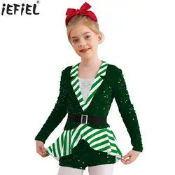 Kids Girls Christmas Candy Cane Costume Long Sleeve Sequin Stripe Ballet Dance Gymnastics Leotard for Carnival Party Performance