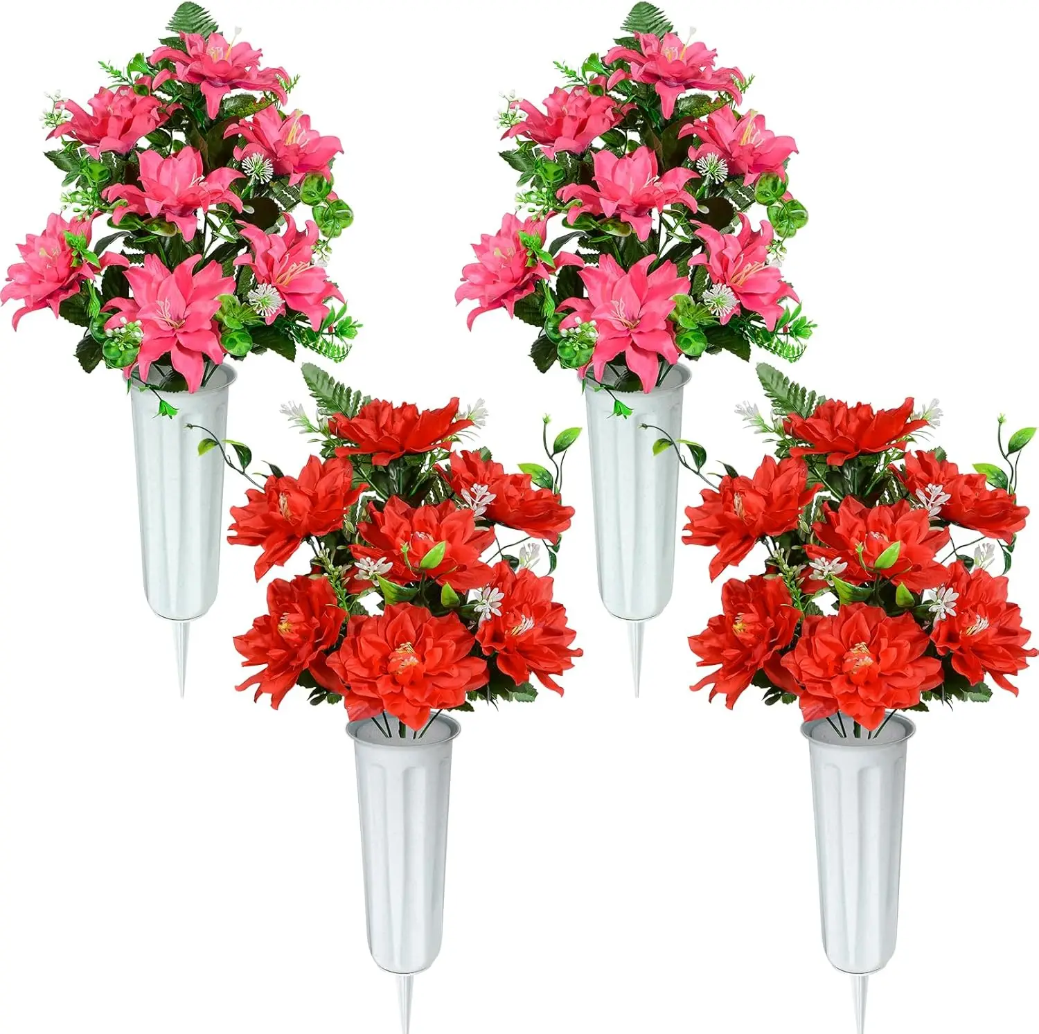 

Artificial Cemetery Flowers, Artificial Grave Memorial Flowers with Vase for Cemetery Graveyard Decoration (Red Flowers