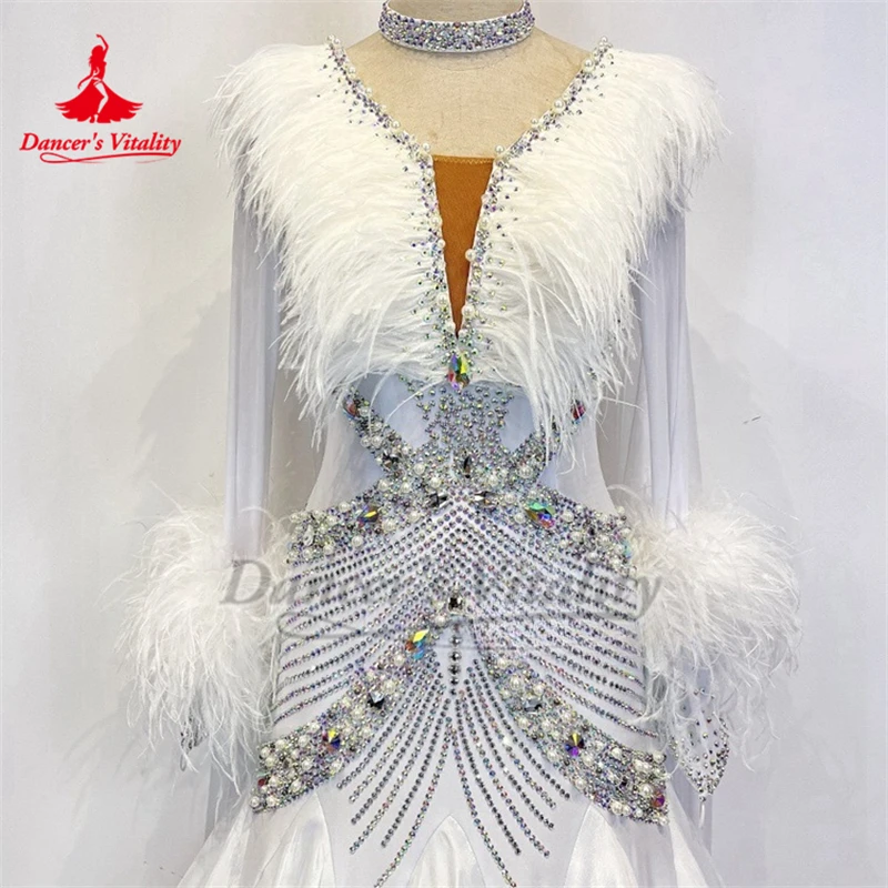 성인 탱고 포크스트롯 국제 챔피언십 진주 실크 원단 깃털 스타일 드레스 고급 맞춤형 댄서의 활력