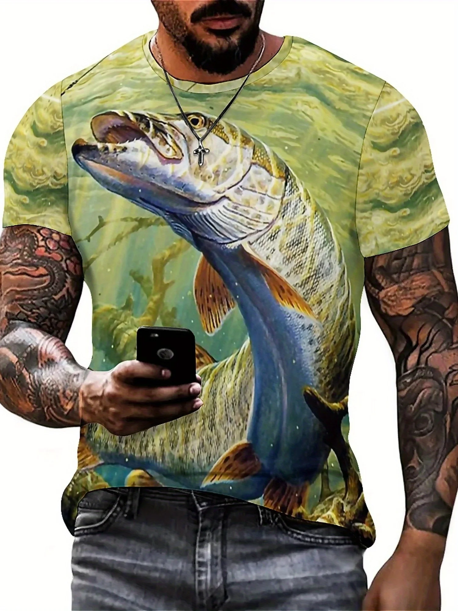 Camiseta masculina com estampa de peixe 3D – poliéster macio, manga curta, gola redonda, estilo casual e esportivo, conforto para todas as estações,