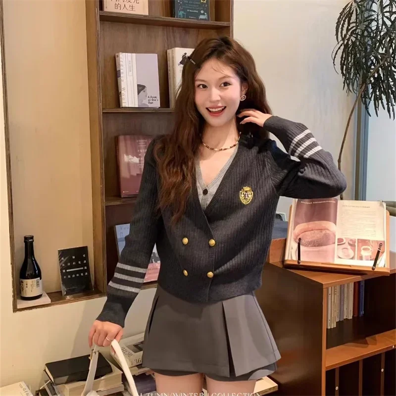 Cardigans Women Preppy Style Fake Two Pieces Embroidery Design Double Breasted Crop Fashion Age-reducing Knitwear Streetwear