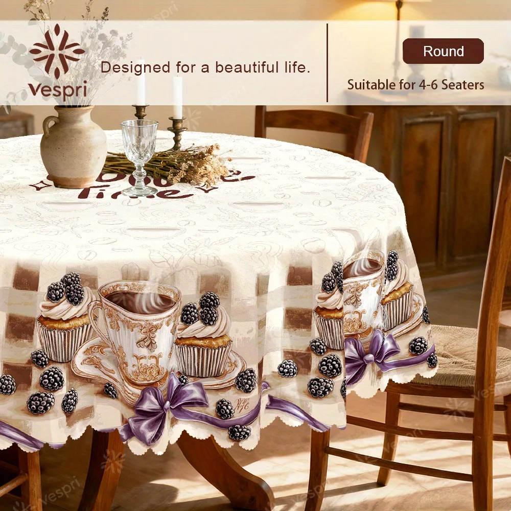 Mediterranean style, wood-grain tablecloth, white and blue decorations, coffee,