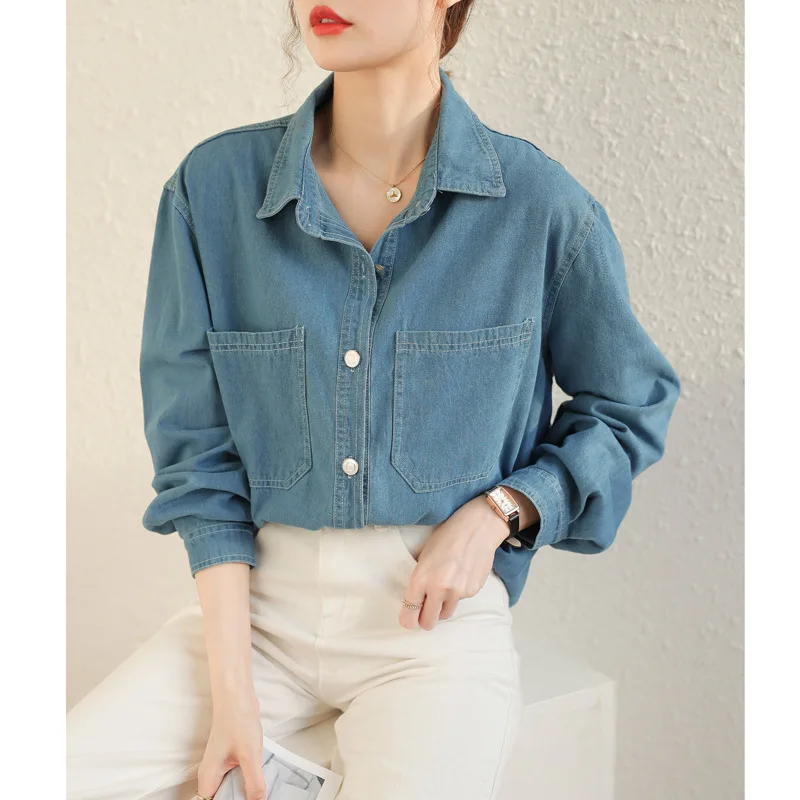 Solid-color Casual Denim Long-sleeved Shirt.women Spring New Korean-style Retro and Versatile Denim Dropped Shoulder Sleeves Top