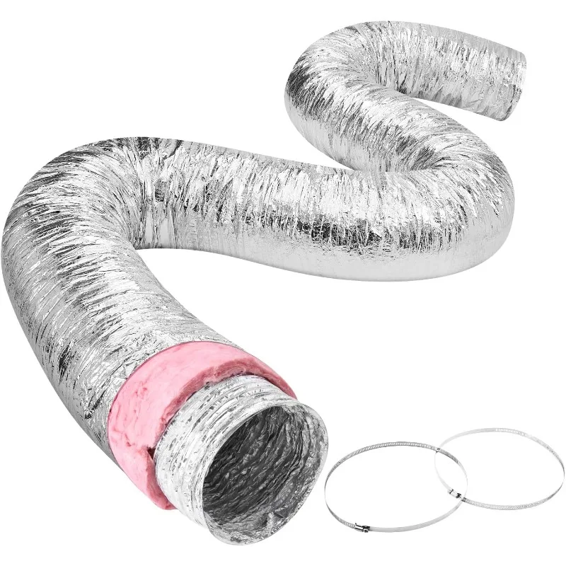 Insulated Flexible Duct R-6.0, 25 Feet Long with 2 Duct Clamps, Heavy-Duty Three Layer Protection Air Ducting Hose for HVAC