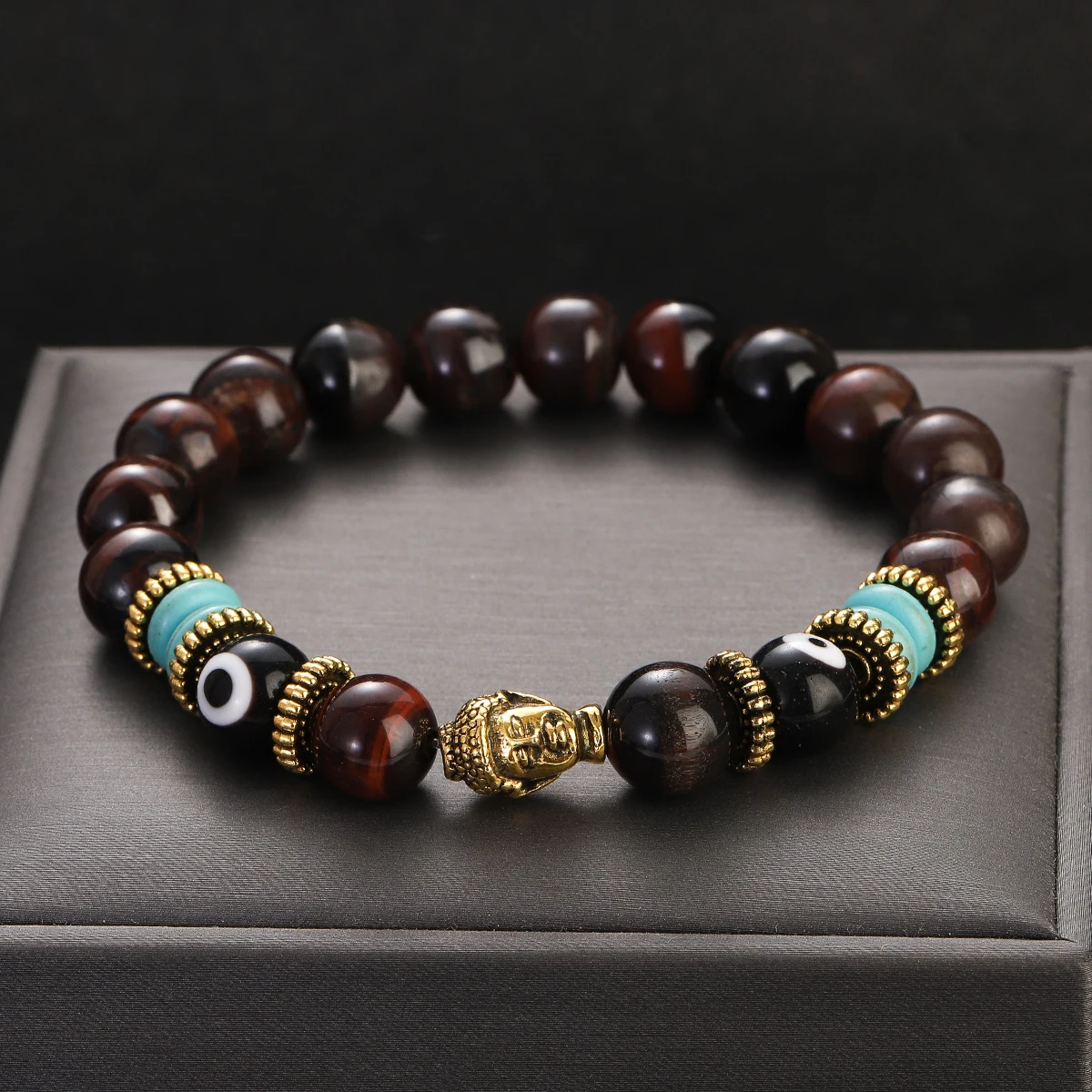 Classic Buddha&Evil Eye Bracelet Women Men 10mm Round Turquoises Blue Stone Bangles Handmade Elastic Yoga Bracelet