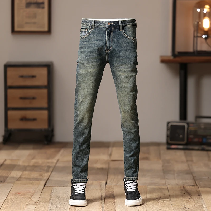 Newly Vintage Fashion Men Jeans High Quality Retro Washed Blue Stretch Slim Fit Ripped Jeans Men Embroidery Designer Denim Pants