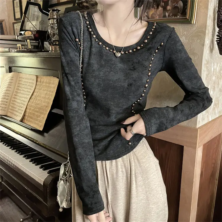 Sense Of Design Short T-Shirt Nail Bead Women High Street Spicy Girls Slim Fashion Long Sleeve All-Match Spring Chic Style New