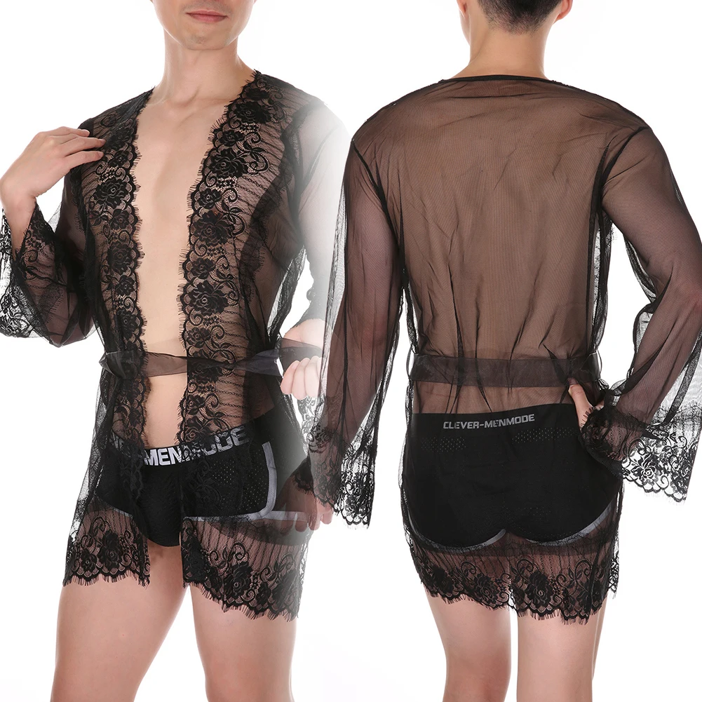 Men's Sexy Lace Nightgown Loose Bathrobe Solid Lingerie Lace Night Wear Mesh See Through Sleeping Suit Erotic Lingerie