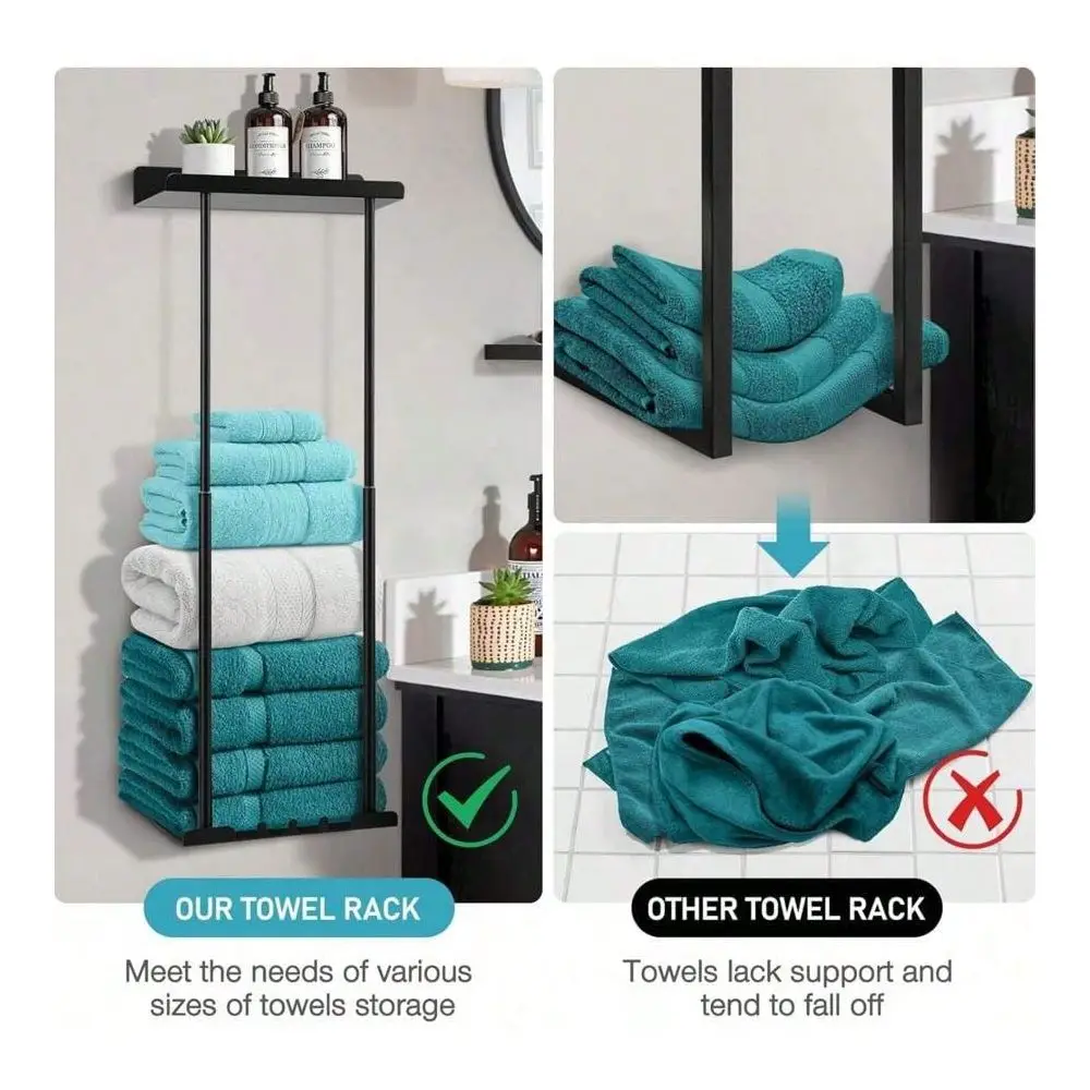 

Aesthetic Black Towel Rack For Bathroom, Wall Mounted Bath Towel Storage Holder, Minimalist Decorative Towel Organizer, Practic