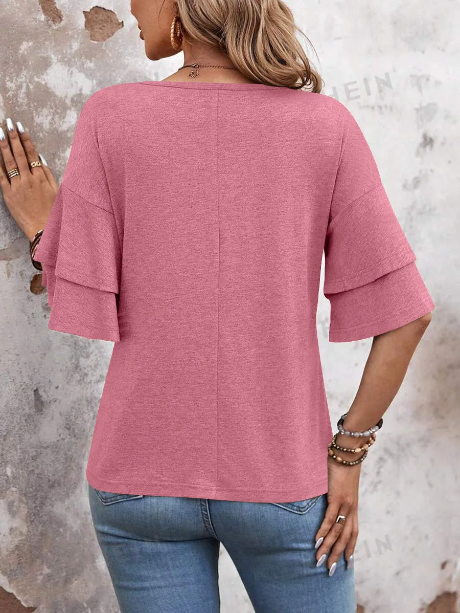 Damen-Sommer-Oberteil mit V-Ausschnitt, doppellagig, Rüschenärmel, einzigartiges, lässiges, solides Design – Detail 5