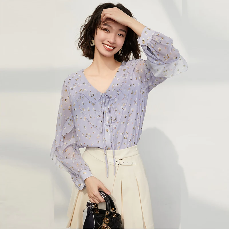

100% Silk Blouse Casual Style Floral Printed Lace Up V Neck Buckle Long Sleeves Office Tops Elegant New Fashion