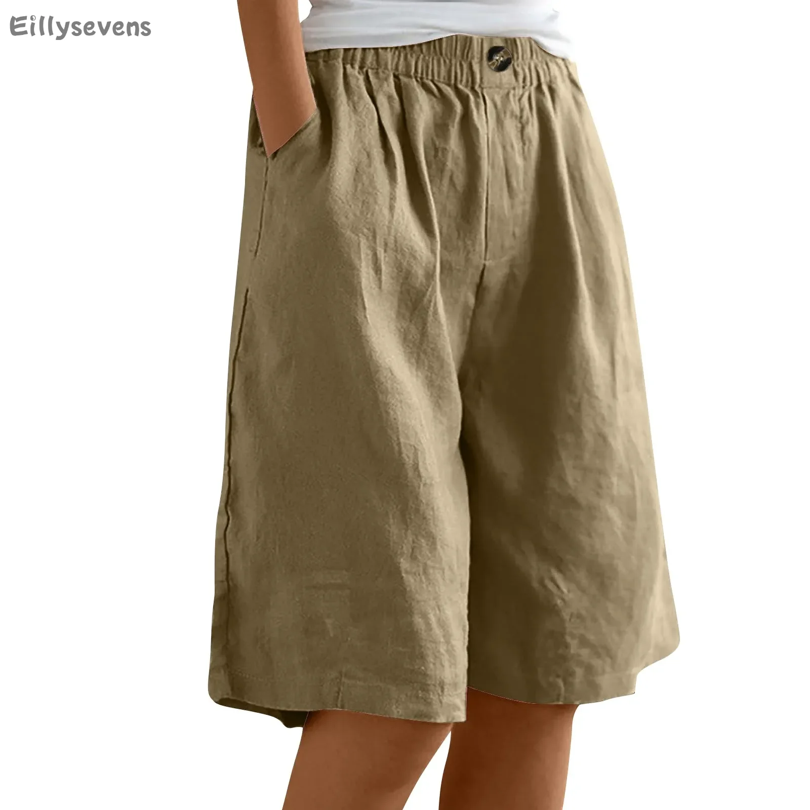 

Women's Cotton and linen shorts Fashion Solid Color short Pants with Pocket Loose Elastic Waist Shorts trend pantalones cortos