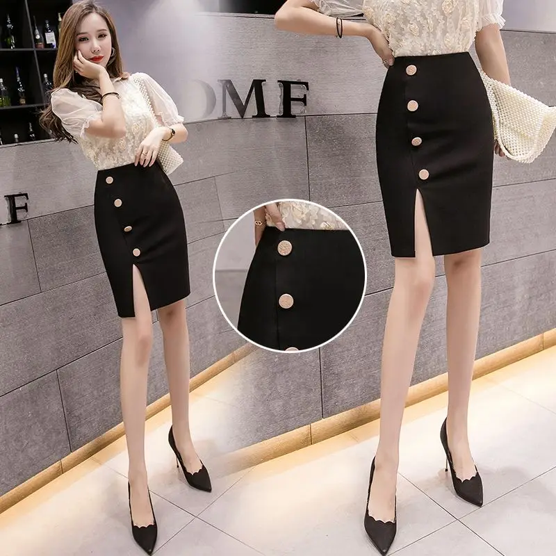 High Waisted Elastic Professional OL Women's Patchwork Zipper Bag Black Wrap Hip Half Skirt Summer New Button Split Short Skirts