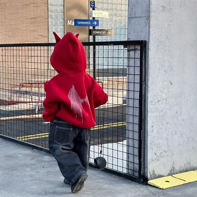 Boys' Autumn and Winter Wool Thick Hoodie 2025 New Style Children's Red Western-style American Letter Hooded Jacket